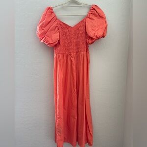 H&M Coral Puff Sleeve Smocked Midi Dress Women’s Large Cottagecore